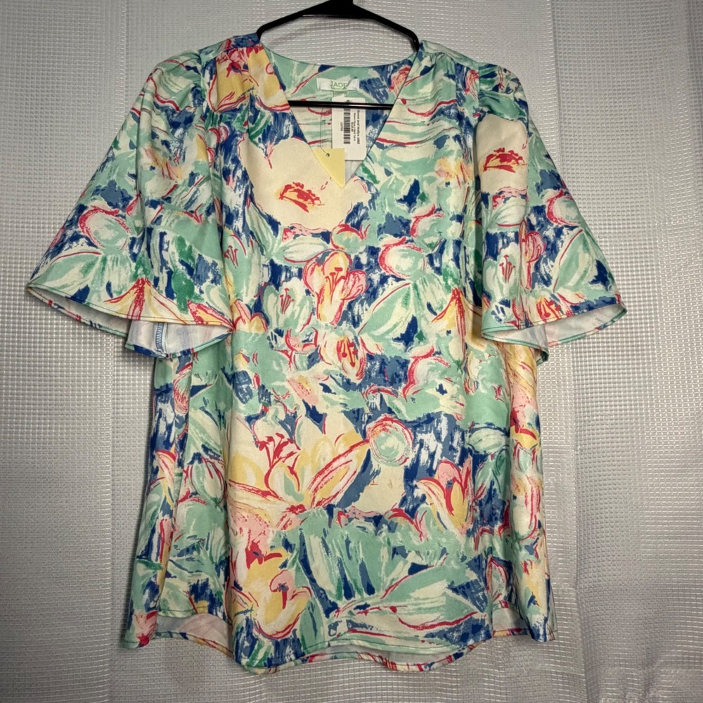 Jade Melody Tam V-Neck Top S Breeze Floral Flutter Sleeve 63E3833
